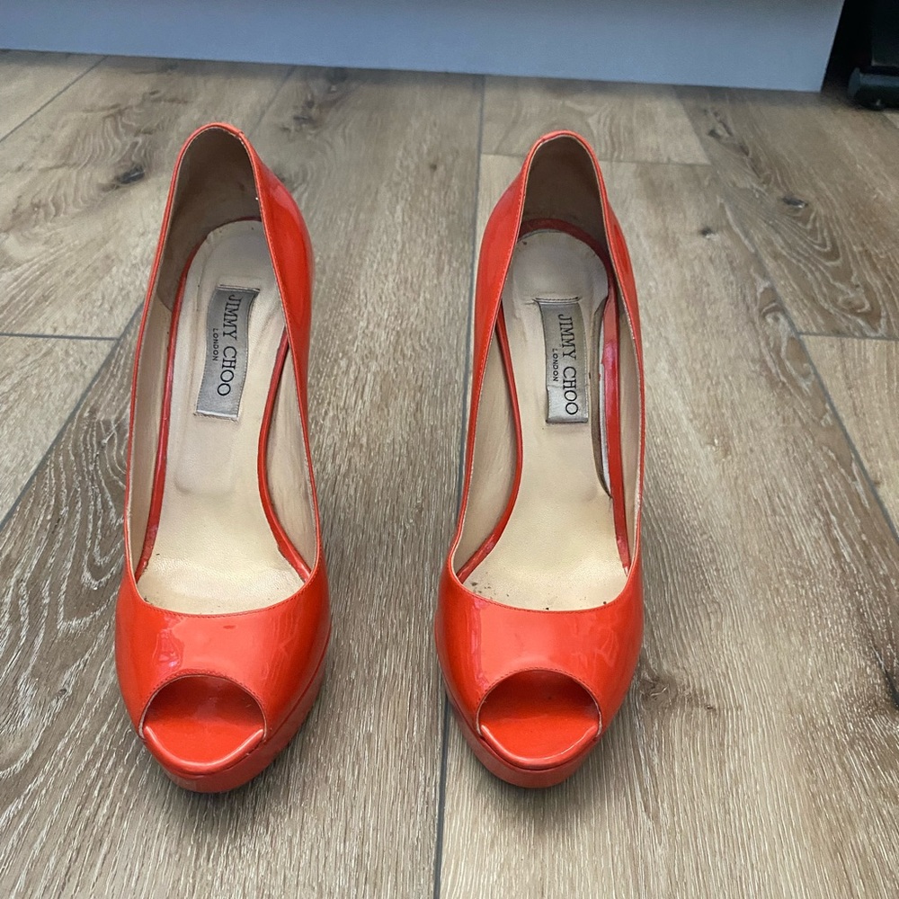 Jimmy Choo orange patent heels